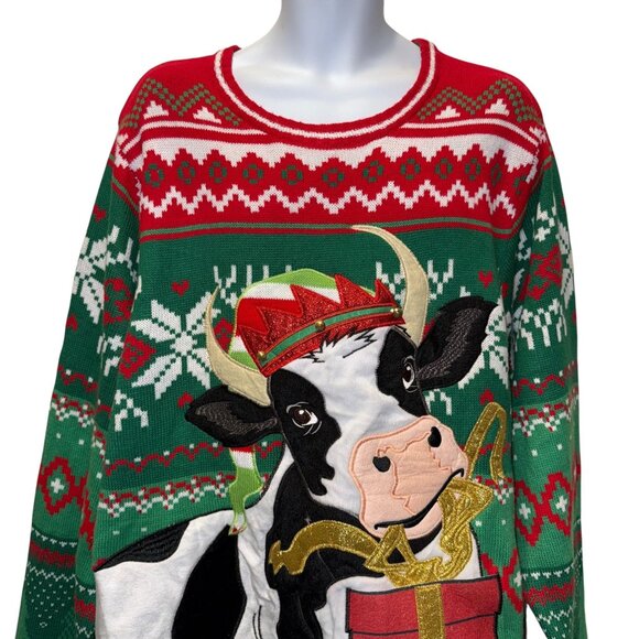 Holiday Time Ugly Sweater Mens 3XL 54 56 Christmas Bull Cow Opening Gift Bells - Picture 2 of 9